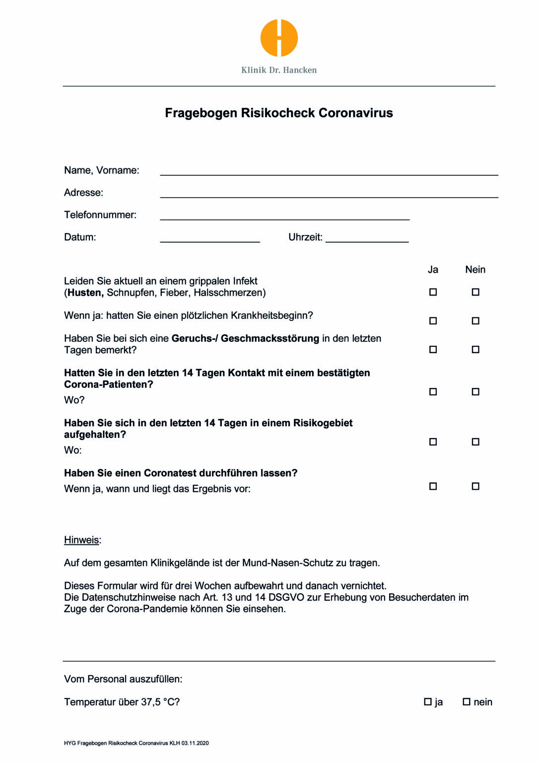 HYG Fragebogen Risikocheck Coronavirus KLH 03.11.2020 - Klinik Dr. Hancken